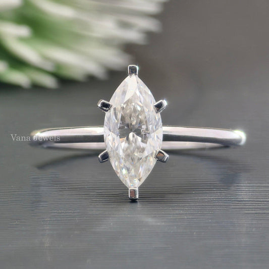 Marquise Solitaire Moissanite Engagement Ring, 14K White Gold Diamond Ring - Vana Jewels