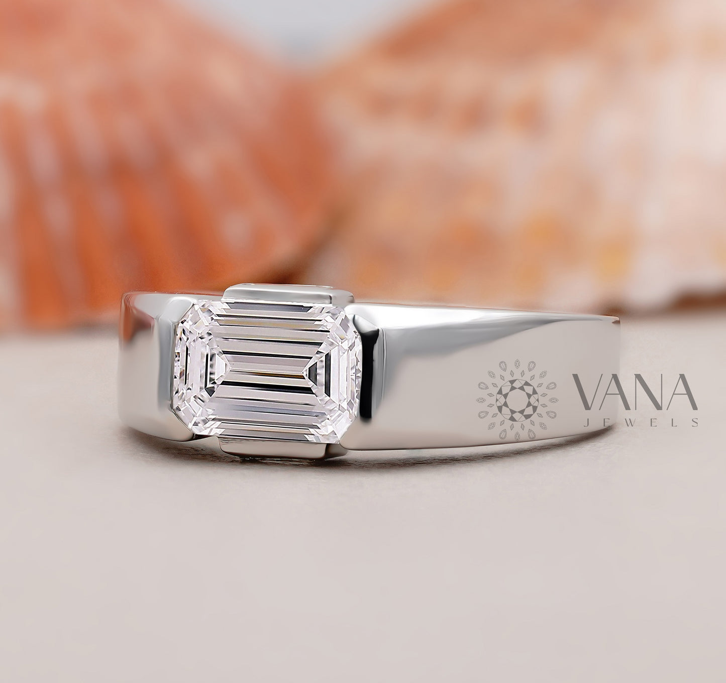 Emerald Cut Lab Grown Diamond Half Bezel Set Engagement Ring with Baguette Side Stones