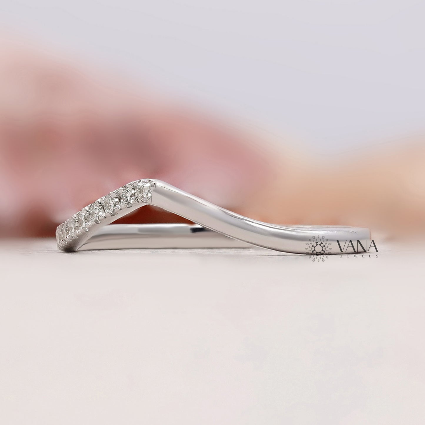 V-Shaped Lab Grown Diamond Wedding Eternity Band, Curved Stackable Matching Ring