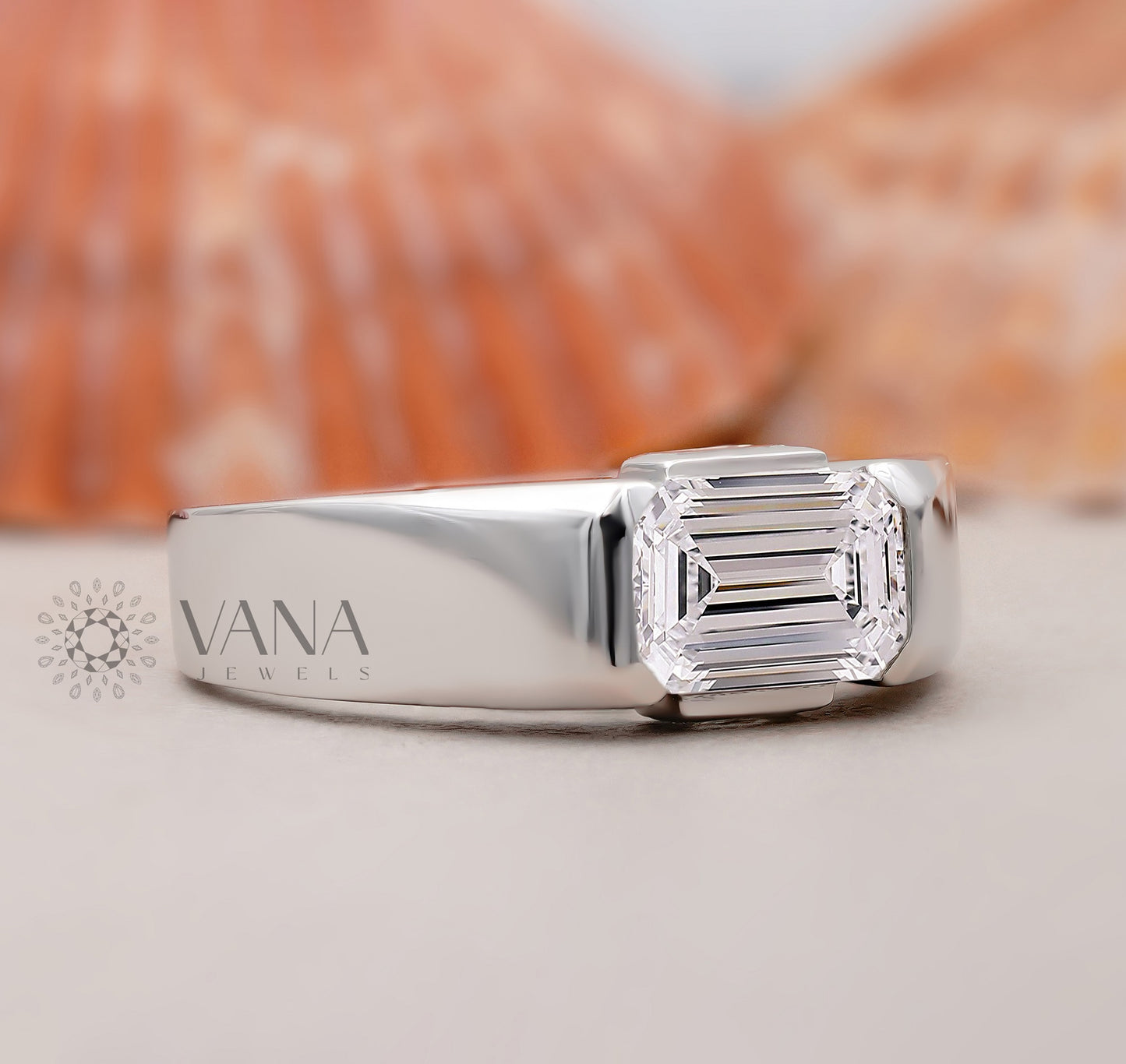 Emerald Cut Lab Grown Diamond Half Bezel Set Engagement Ring with Baguette Side Stones