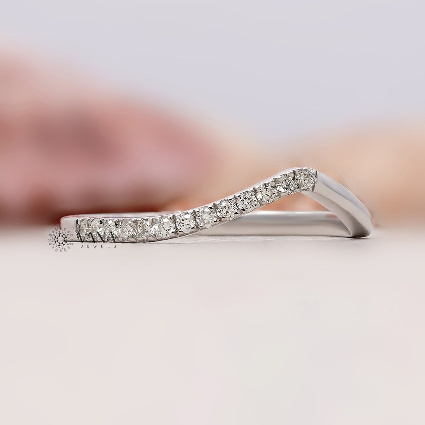 V-Shaped Lab Grown Diamond Wedding Eternity Band, Curved Stackable Matching Ring