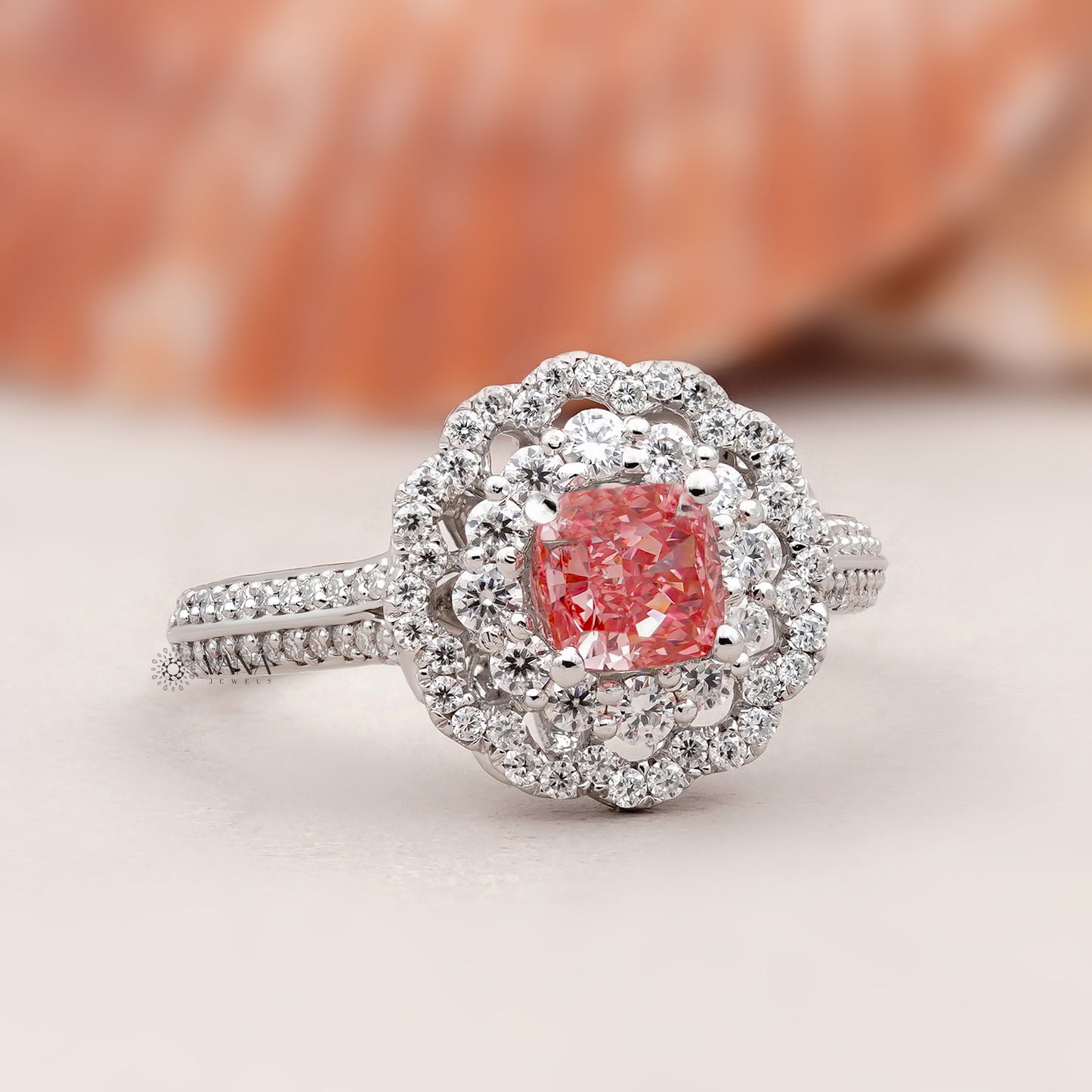 Vintage Floral Pink Cushion Lab Grown Diamond Engagement Ring with Double Halo Cathedral Setting