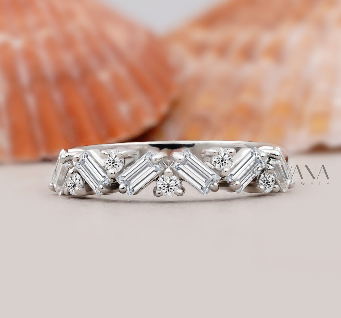 Alternative Baguette & Round Lab Grown Diamond Wedding Band in White Gold