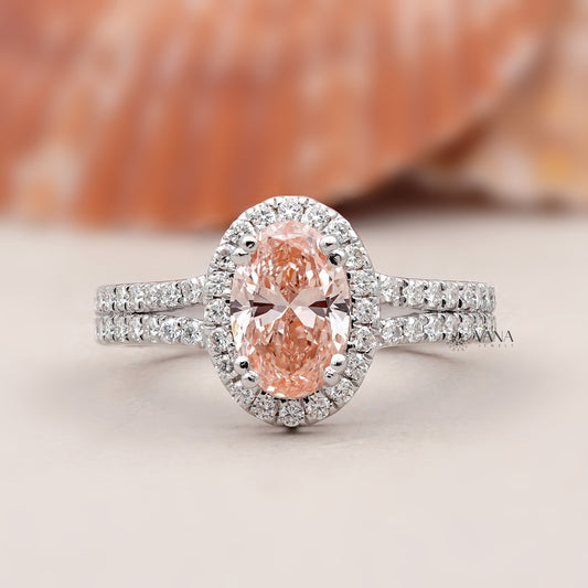 Pink Oval Lab Grown Diamond Halo Engagement Ring with Split Shank Pave Setting