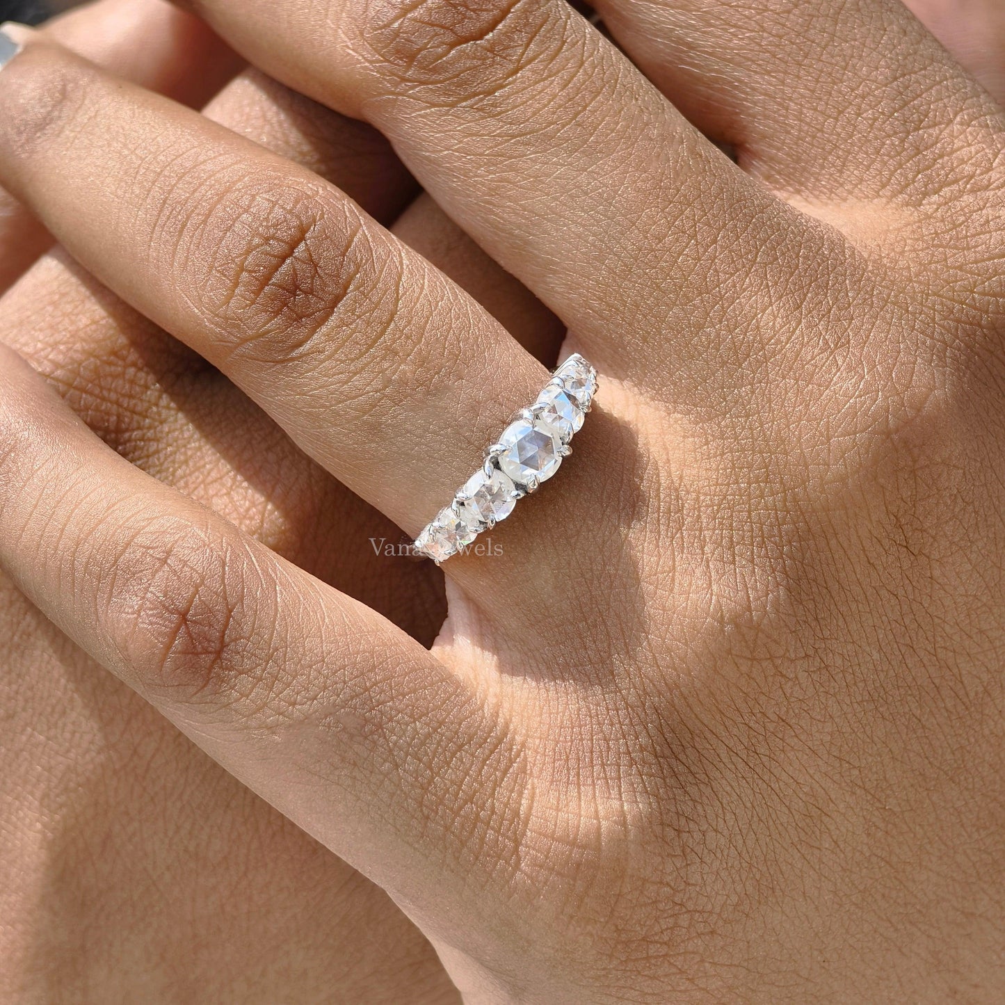 Round Rose Cut Colorless Moissanite Wedding Band, Seven Stone Half Eternity Band. - Vana Jewels