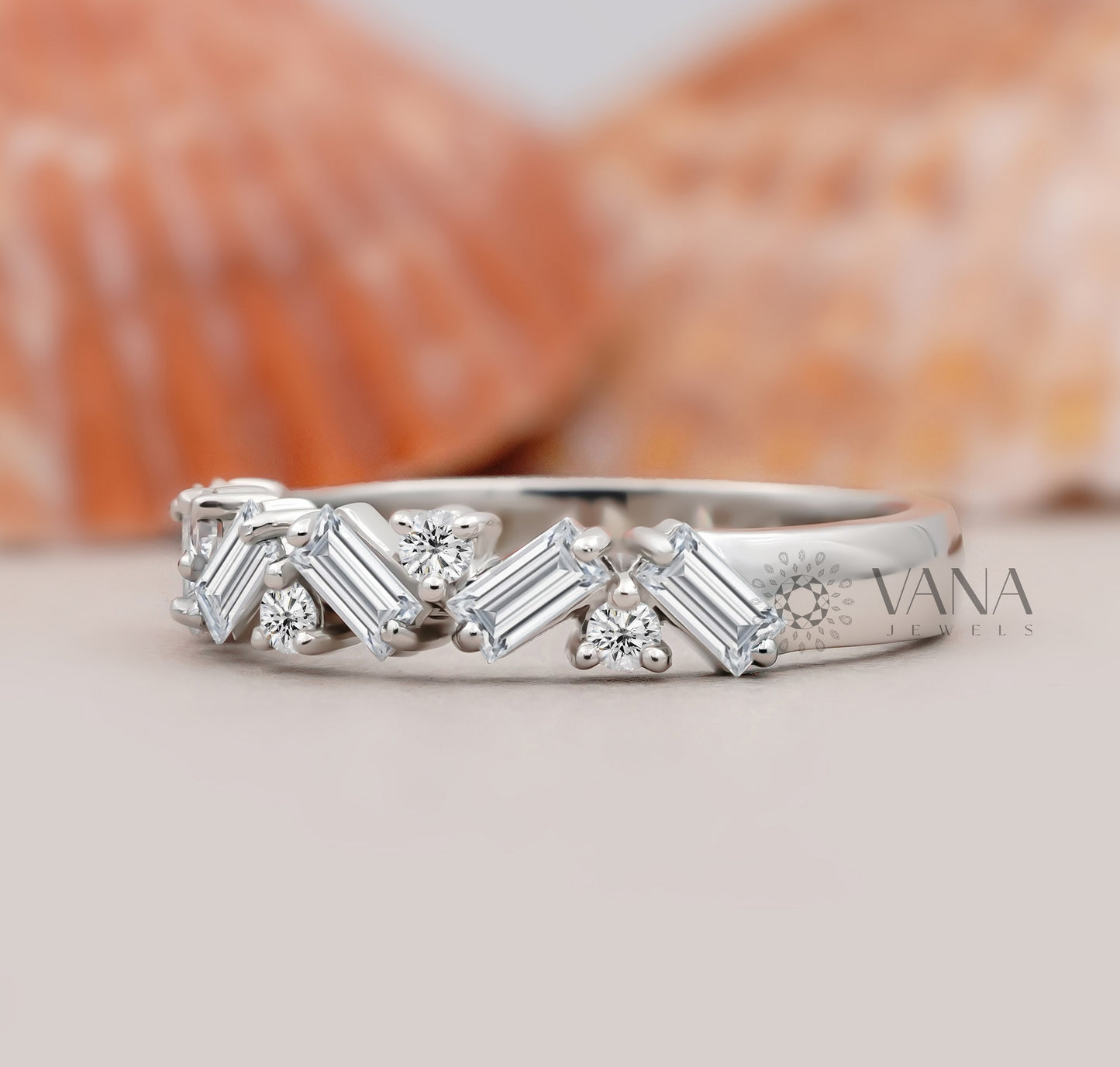 Alternative Baguette & Round Lab Grown Diamond Wedding Band in White Gold