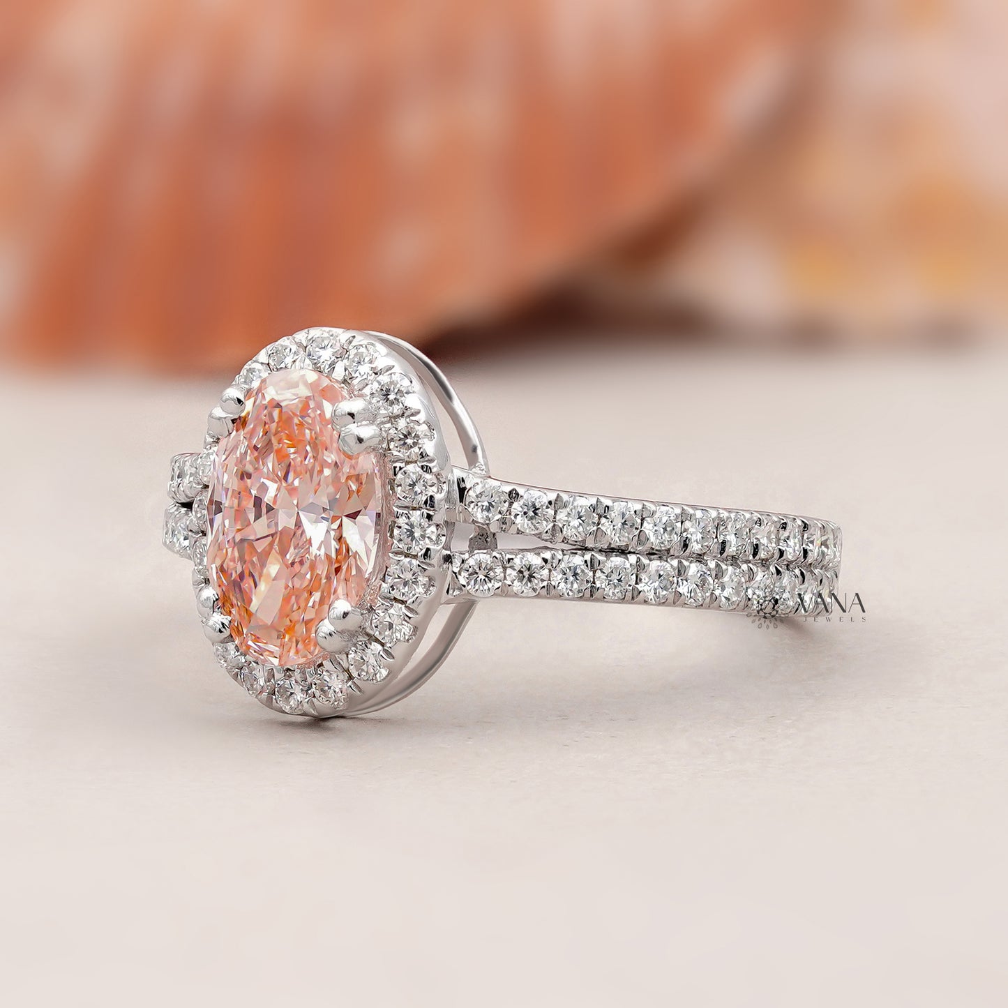 Pink Oval Lab Grown Diamond Halo Engagement Ring with Split Shank Pave Setting