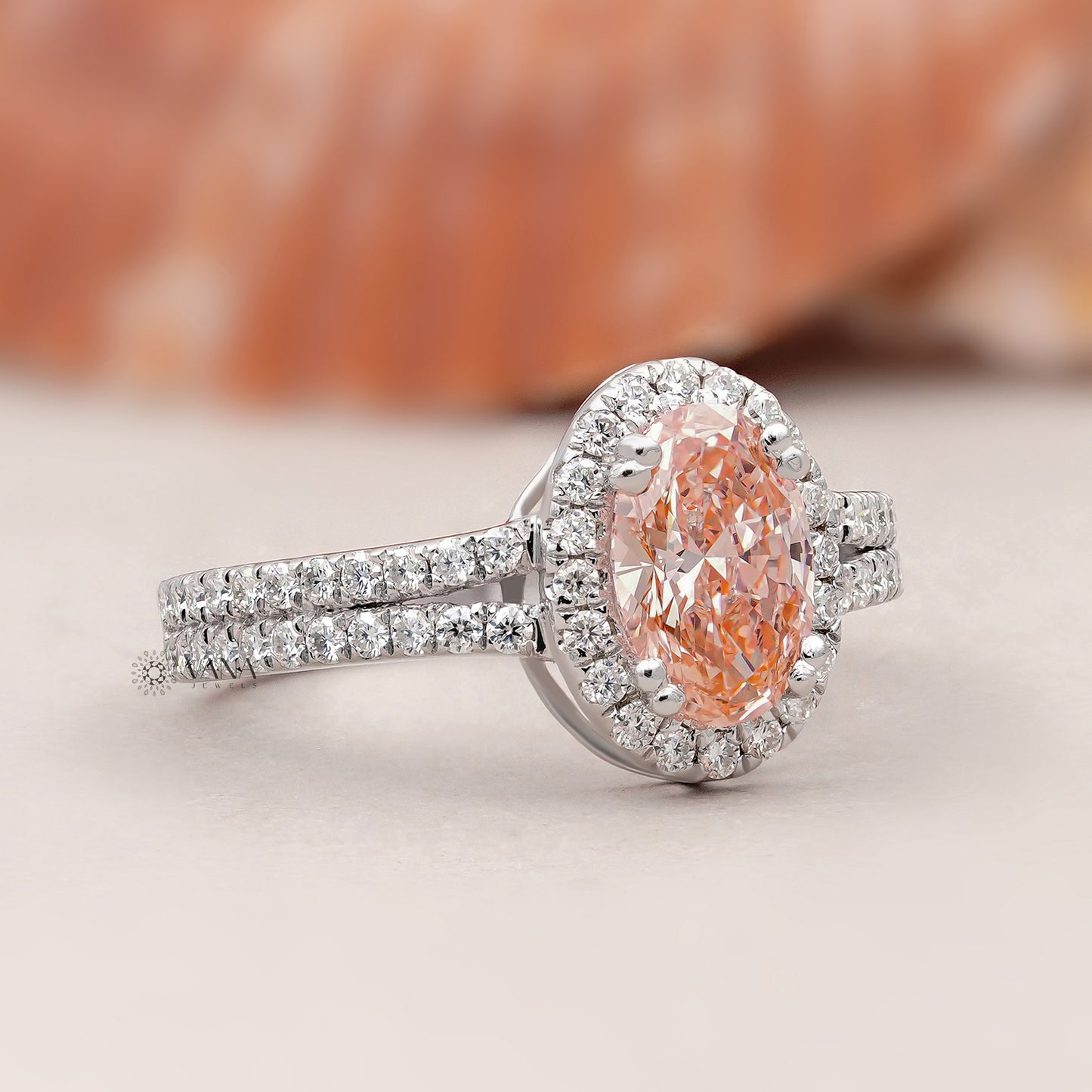 Pink Oval Lab Grown Diamond Halo Engagement Ring with Split Shank Pave Setting