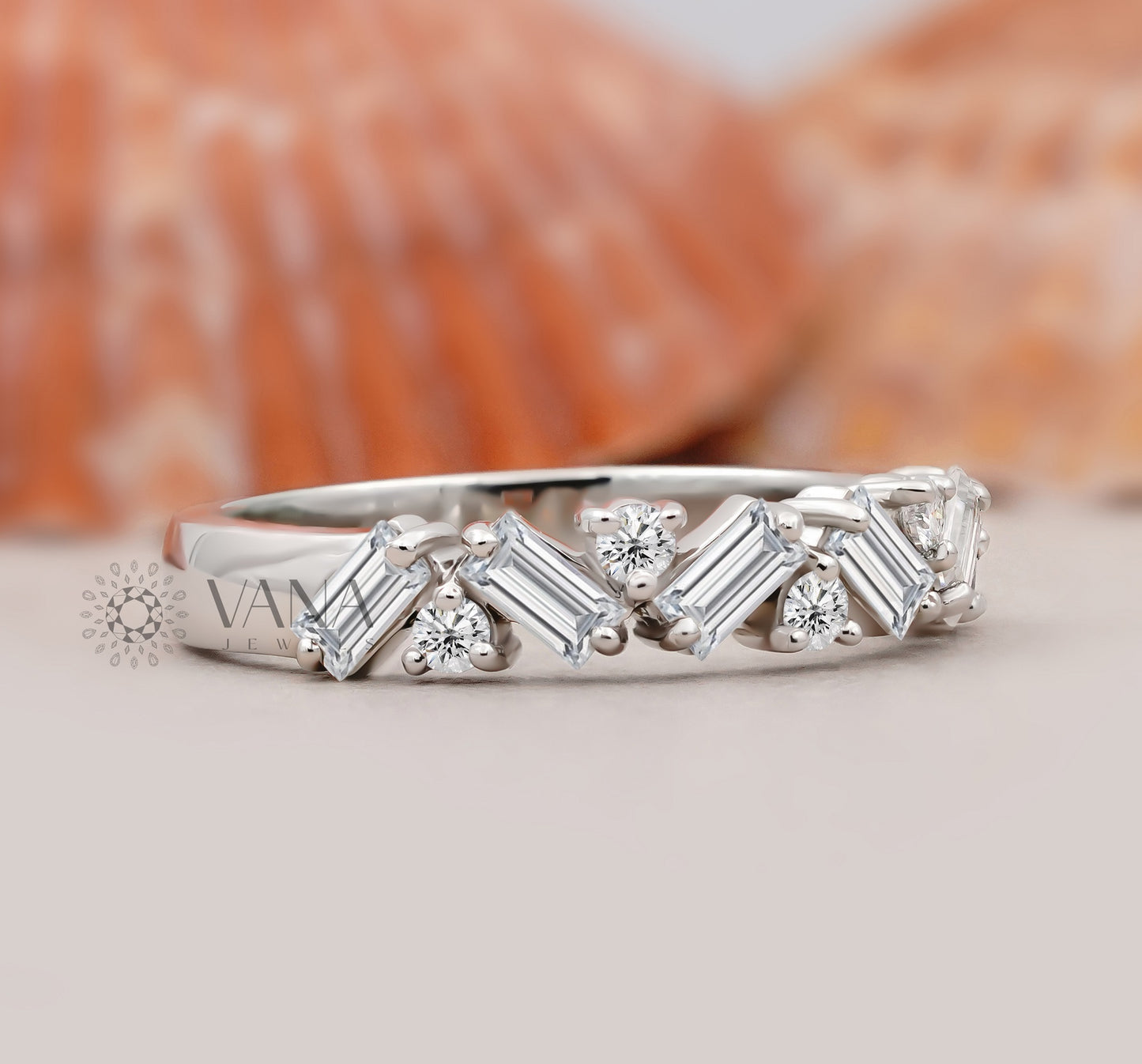 Alternative Baguette & Round Lab Grown Diamond Wedding Band in White Gold