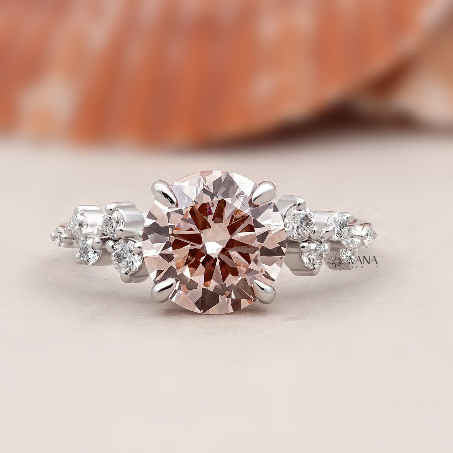 Unique Round Cut Lab Grown Diamond Engagement Ring with Cluster Side Stones in Solid Gold