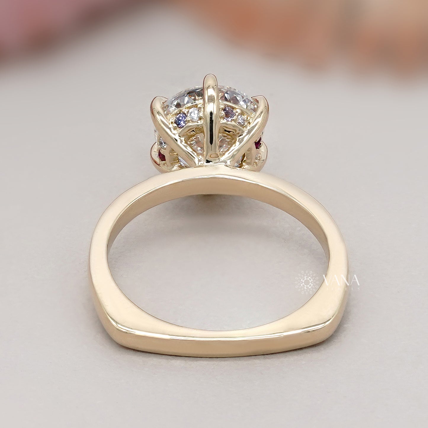 Portuguese Cut Lab Grown Diamond Solitaire Ring, Hidden Halo Engagement Ring