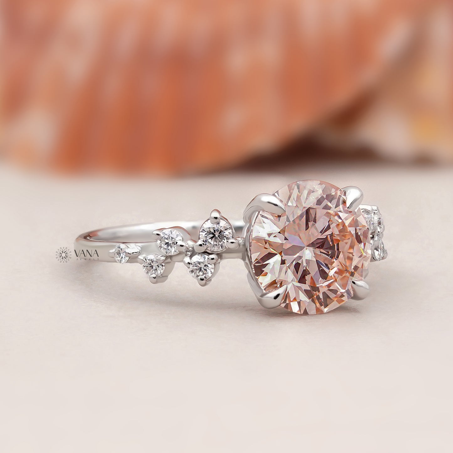 Unique Round Cut Lab Grown Diamond Engagement Ring with Cluster Side Stones in Solid Gold