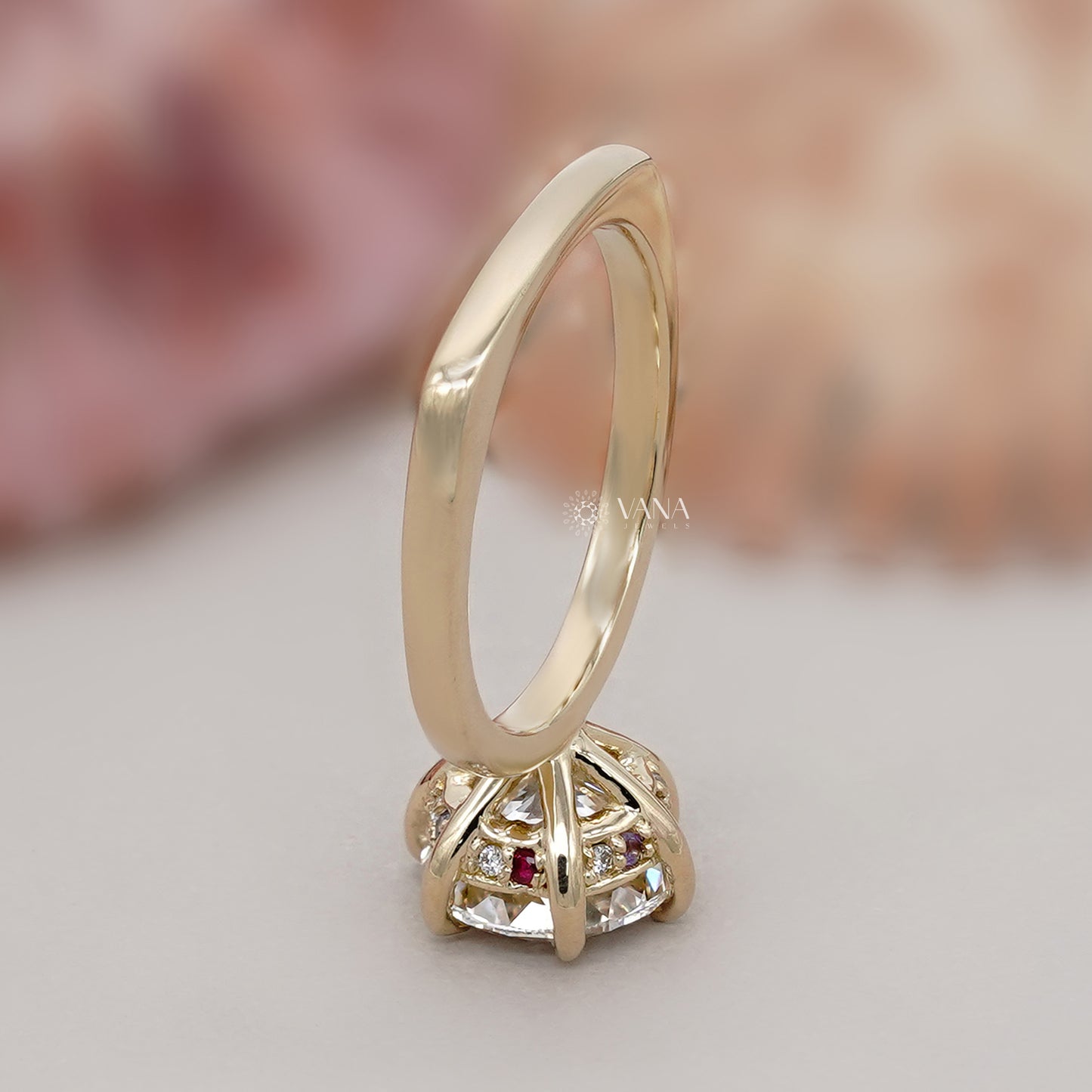 Portuguese Cut Lab Grown Diamond Solitaire Ring, Hidden Halo Engagement Ring