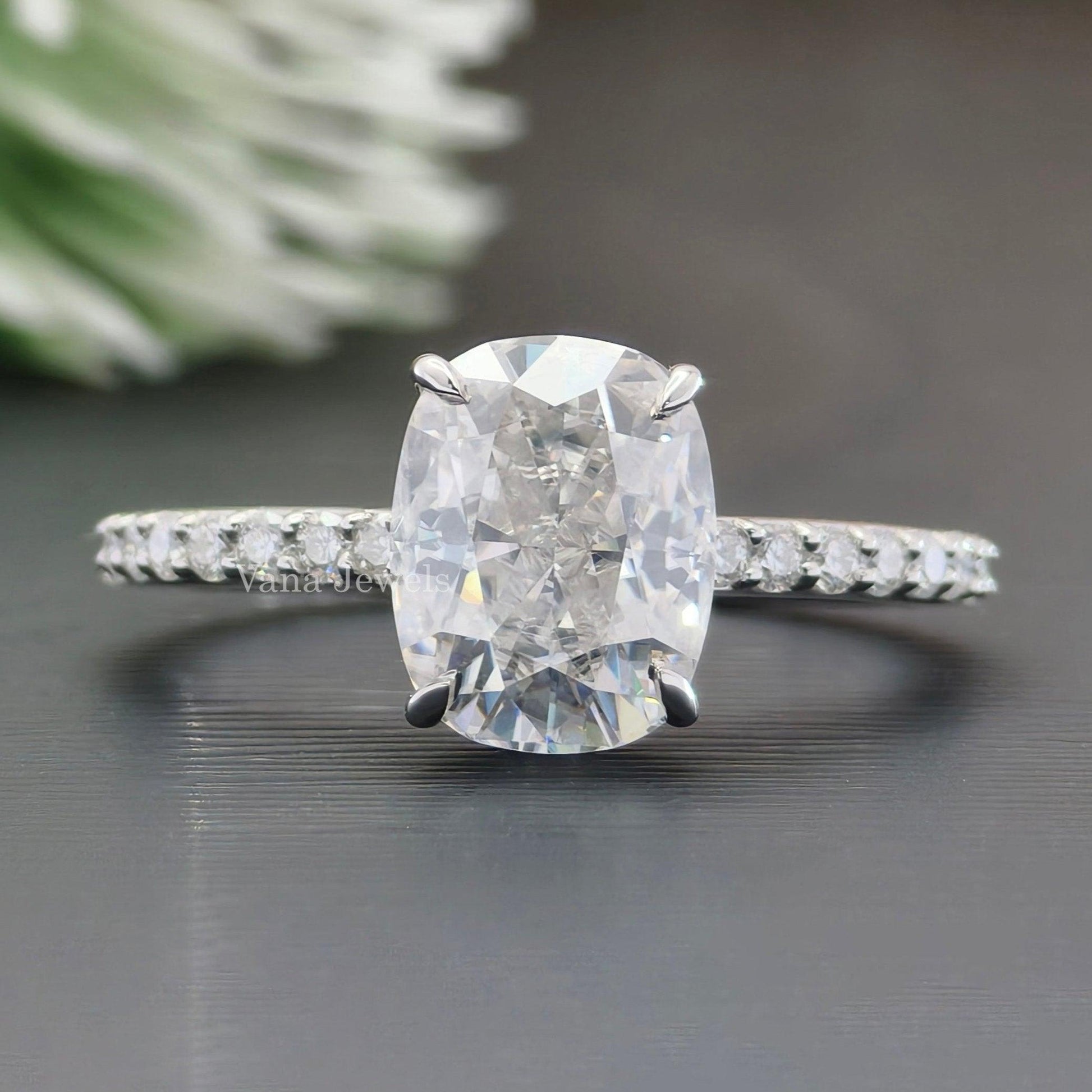 2.48 CT Elongated Cushion Cut Hidden Halo Pave Set Moissanite Engagement Ring - Vana Jewels