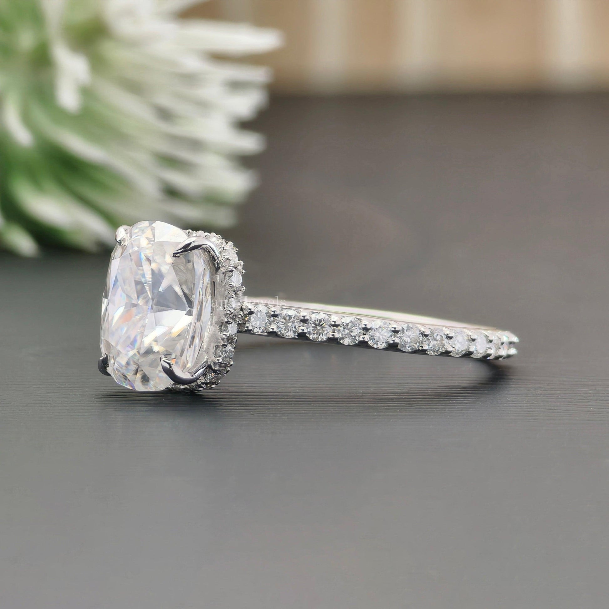 2.48 CT Elongated Cushion Cut Hidden Halo Pave Set Moissanite Engagement Ring - Vana Jewels