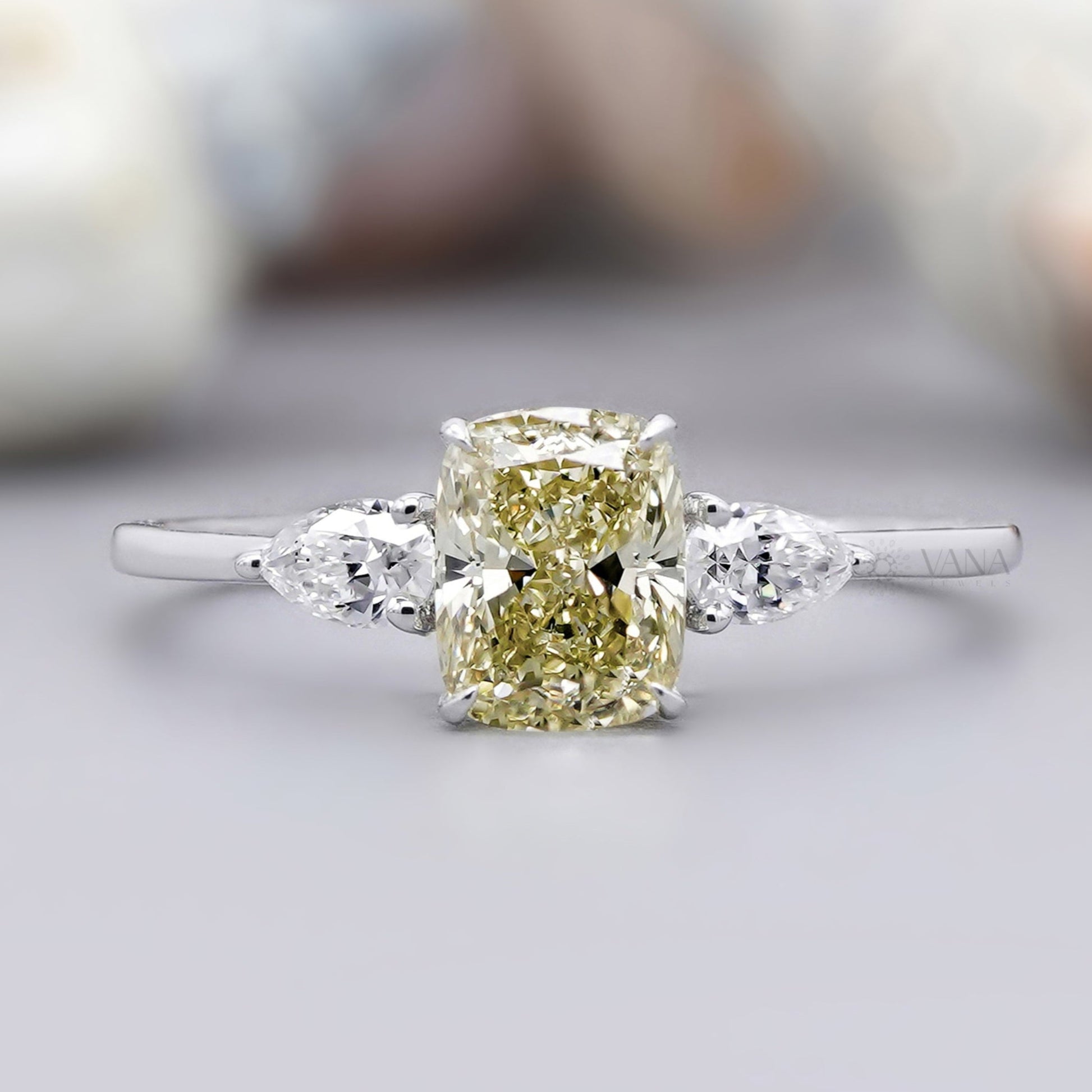Yellow cushion cut moissanite ring