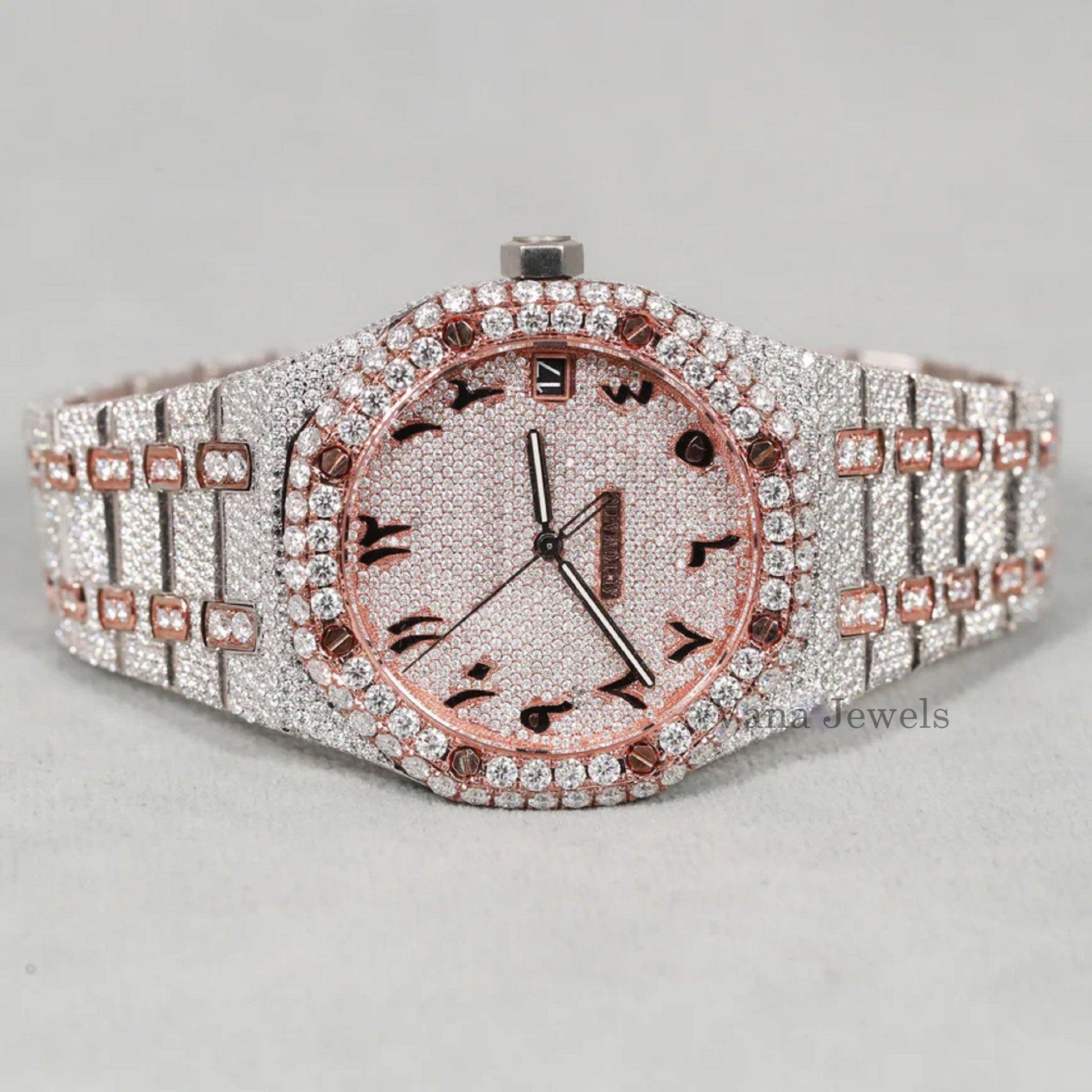 Iced Out Two-Tone Arabic Dial with VVS Moissanite Diamond Watch - Vana Jewels