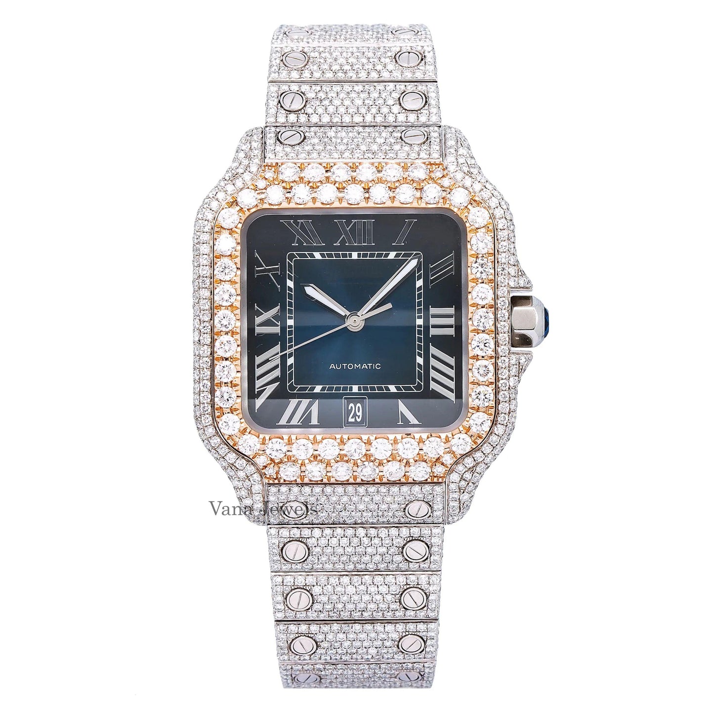 Blue Dial VVS Moissanite Diamond Two Tone Watch - Vana Jewels