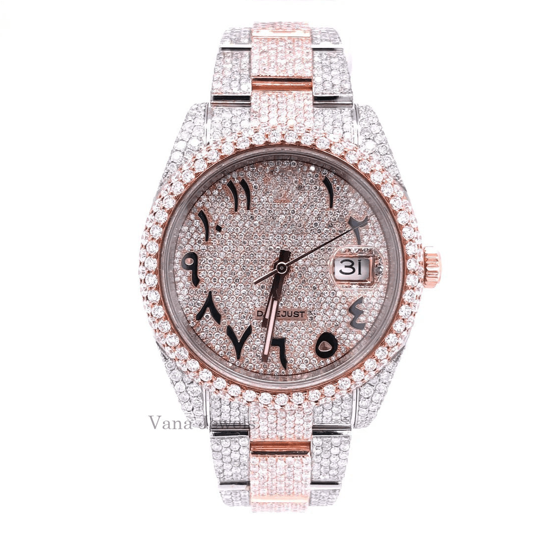 Rose Gold Two-Tone Arabic Dial Full Iced Out Watch - Vana Jewels