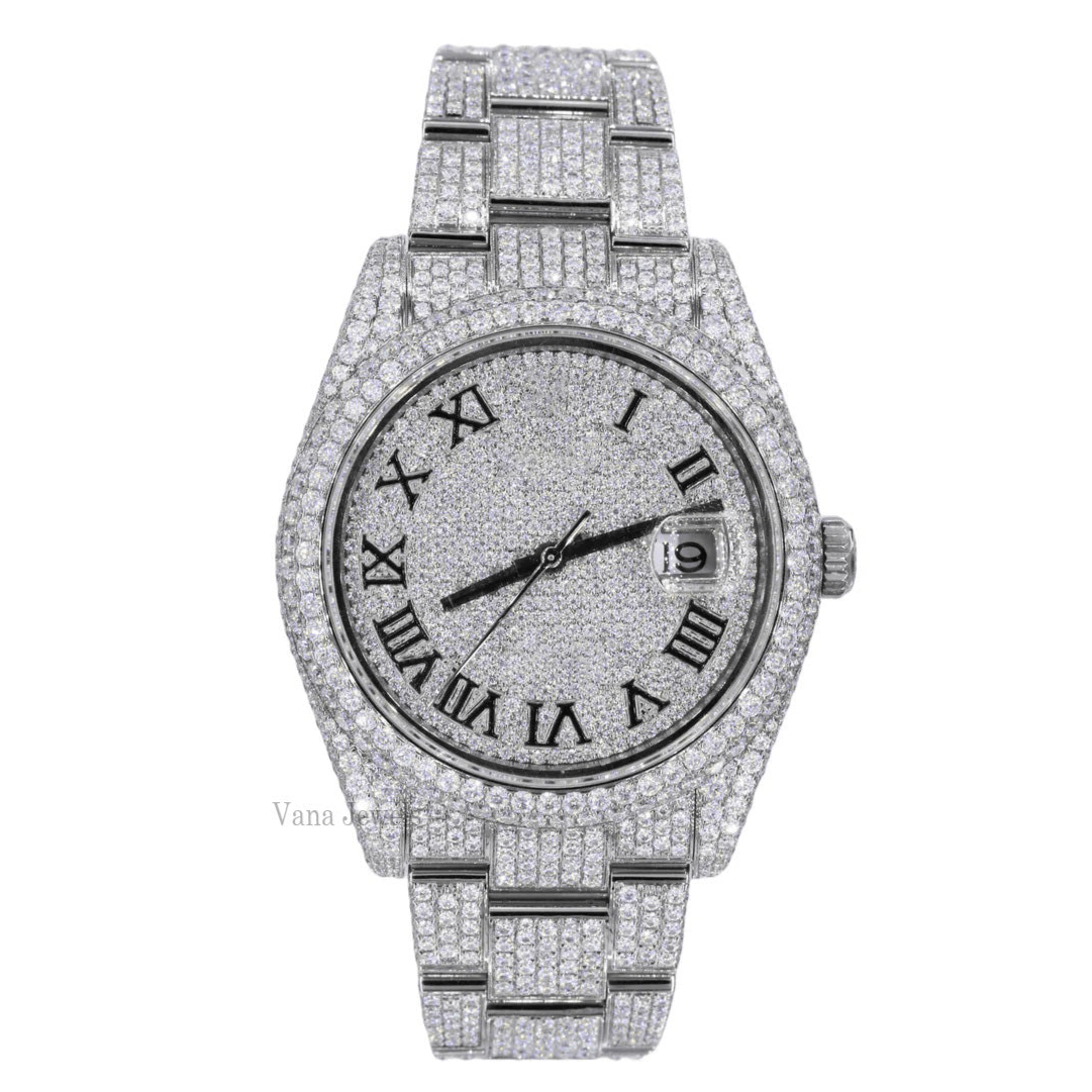 Roman Dial Full Iced Out Moissanite Diamond Watch - Vana Jewels