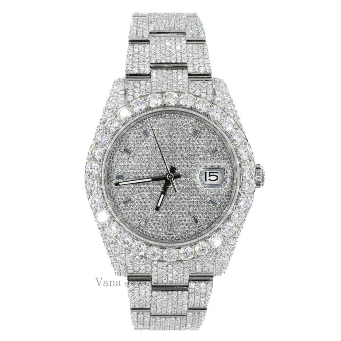 Iced Out Round & Baguette Cut Moissanite Diamond Watch - Vana Jewels