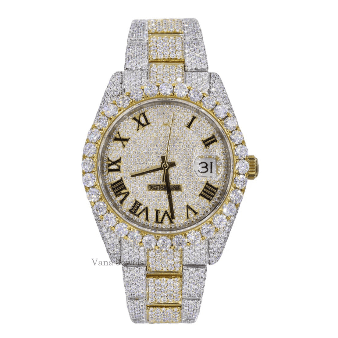 Iced Out Two-Tone Round Cut Diamond Watch - Vana Jewels