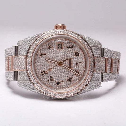 Arabic Iced Dial Two-Tone Rose Gold VVS Moissanite Diamond Watch - Vana Jewels