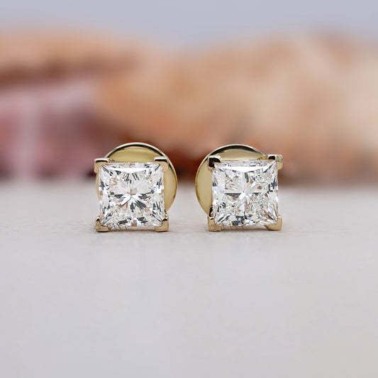 Princess Cut Lab Grown Diamond Stud Earrings Classic Four Prong Setting