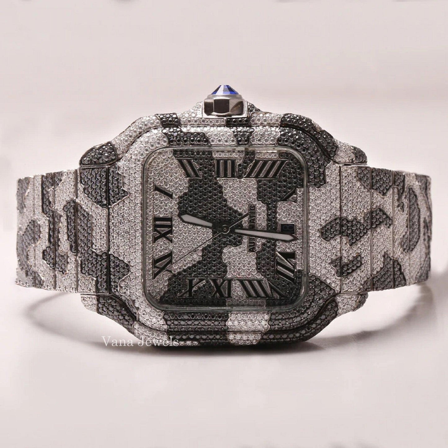 Iced Out Black and White Two Tone Cartier Moissanite Watch - Vana Jewels