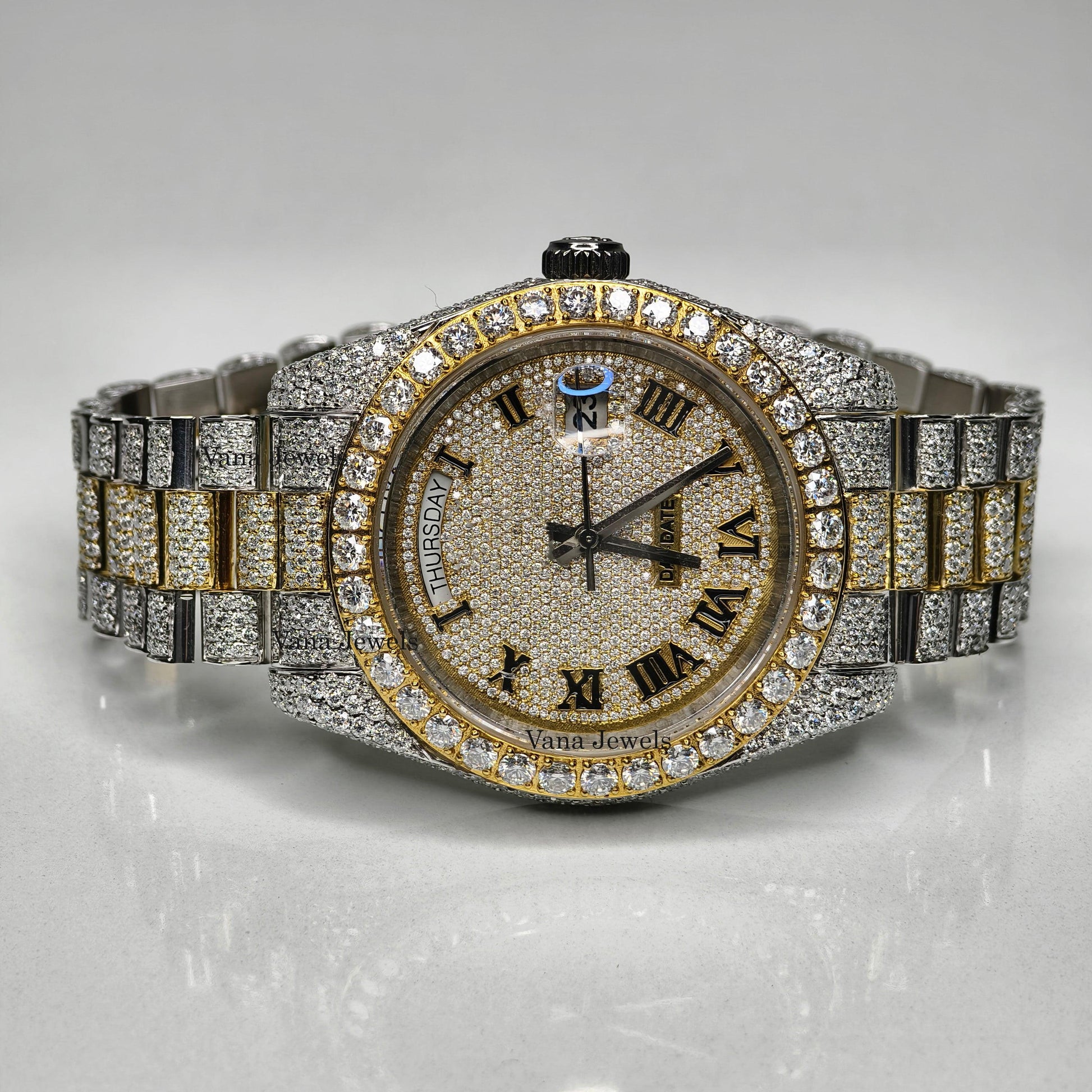 Two-Tone Moissanite Watch, Round Cut Fully Iced Out Moissanite Watch for Men - Vana Jewels