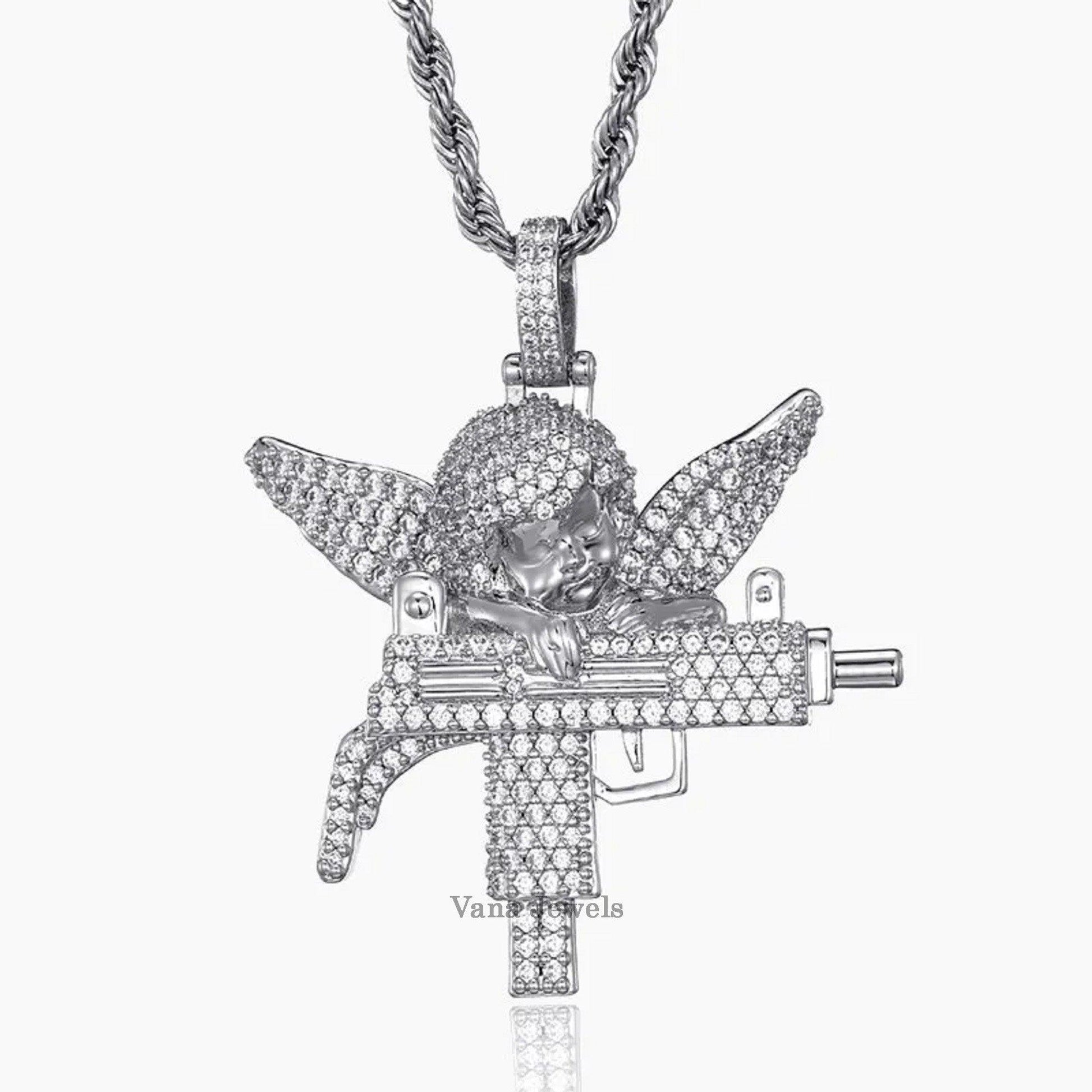 Shooting Angel iced out uzi machine guardian angel bling pendant - Vana Jewels