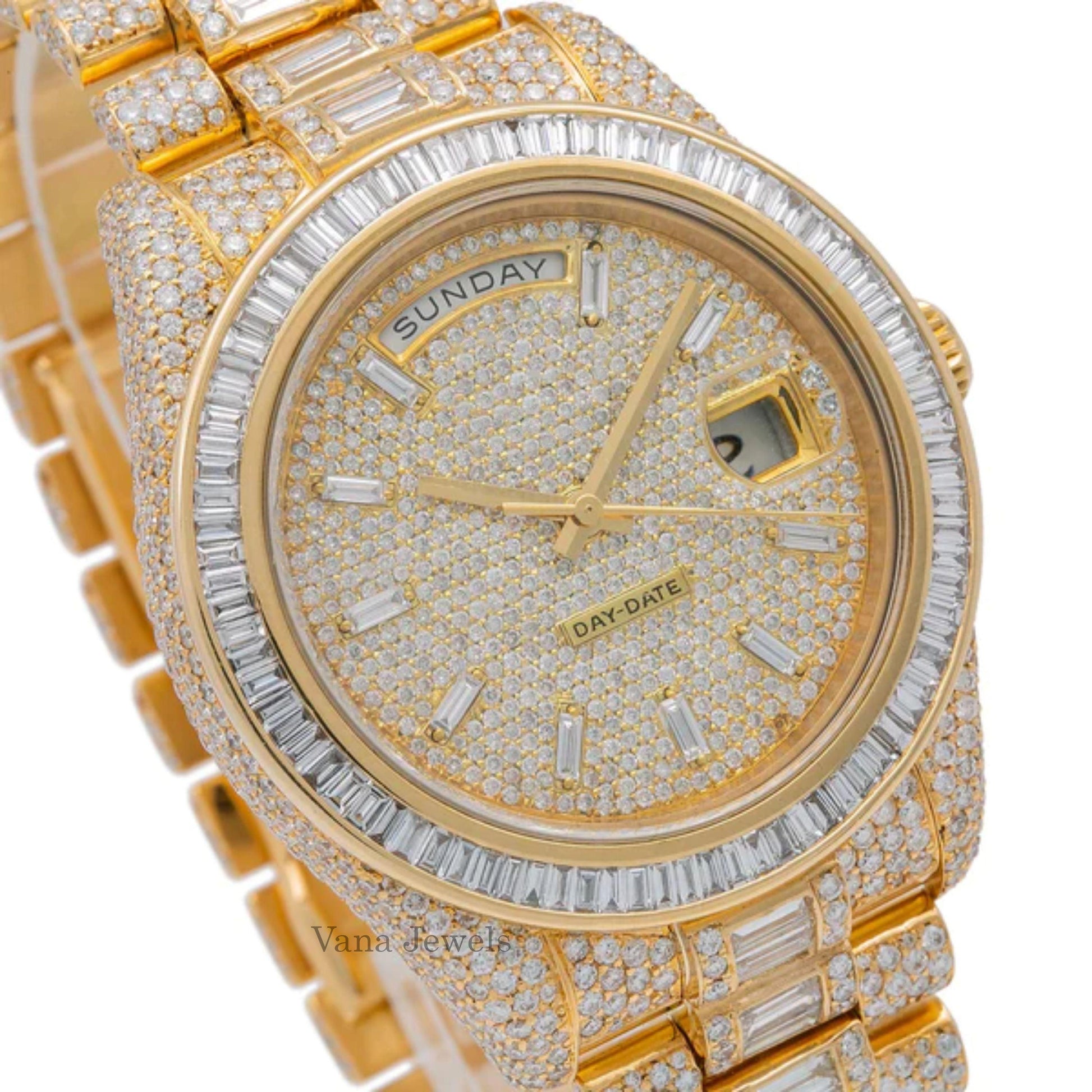 Round & Baguette Cut Moissanite Diamond Iced Out Watch - Vana Jewels