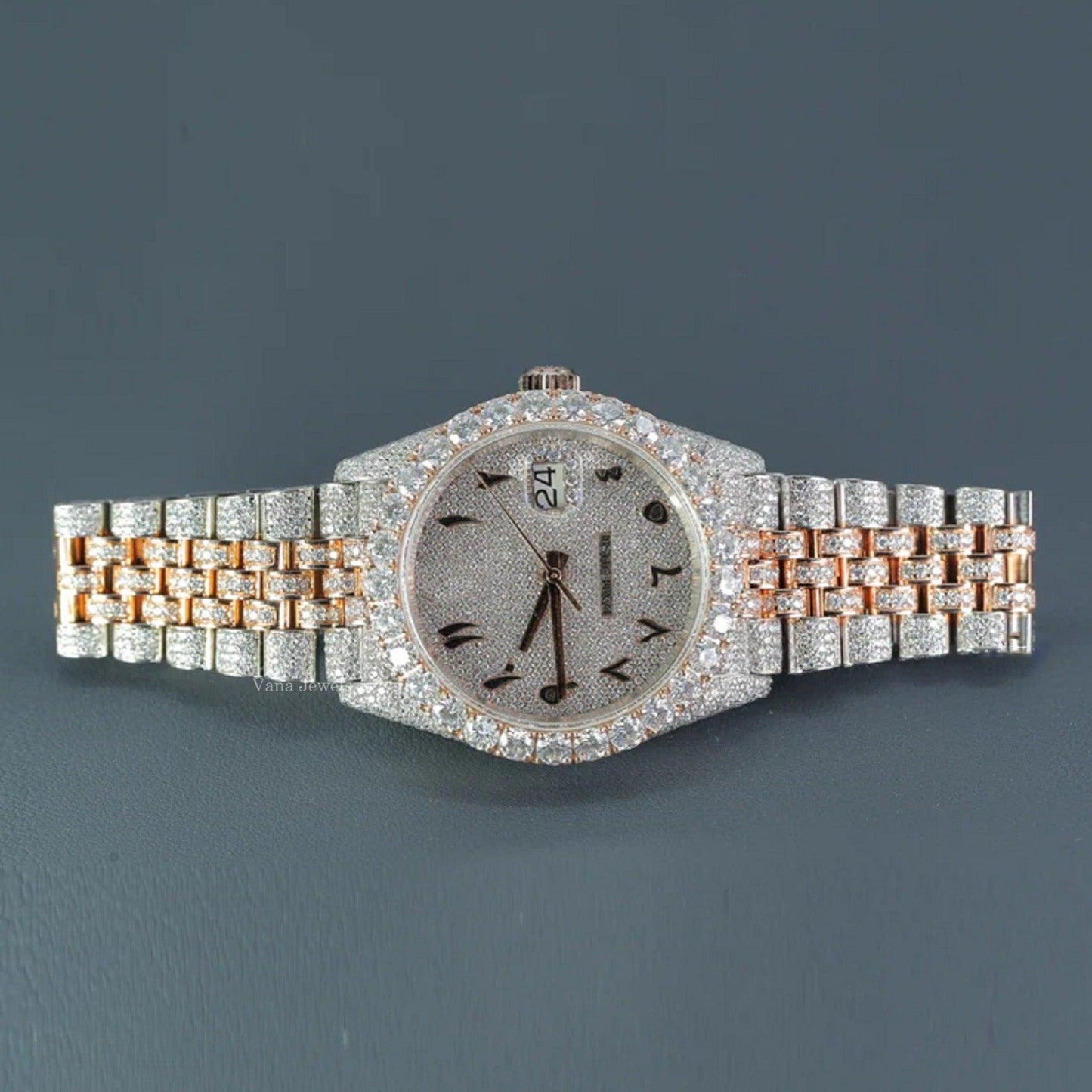 Arabic Dial Two-Tone Rose Gold Fully Iced Out Watch - Vana Jewels