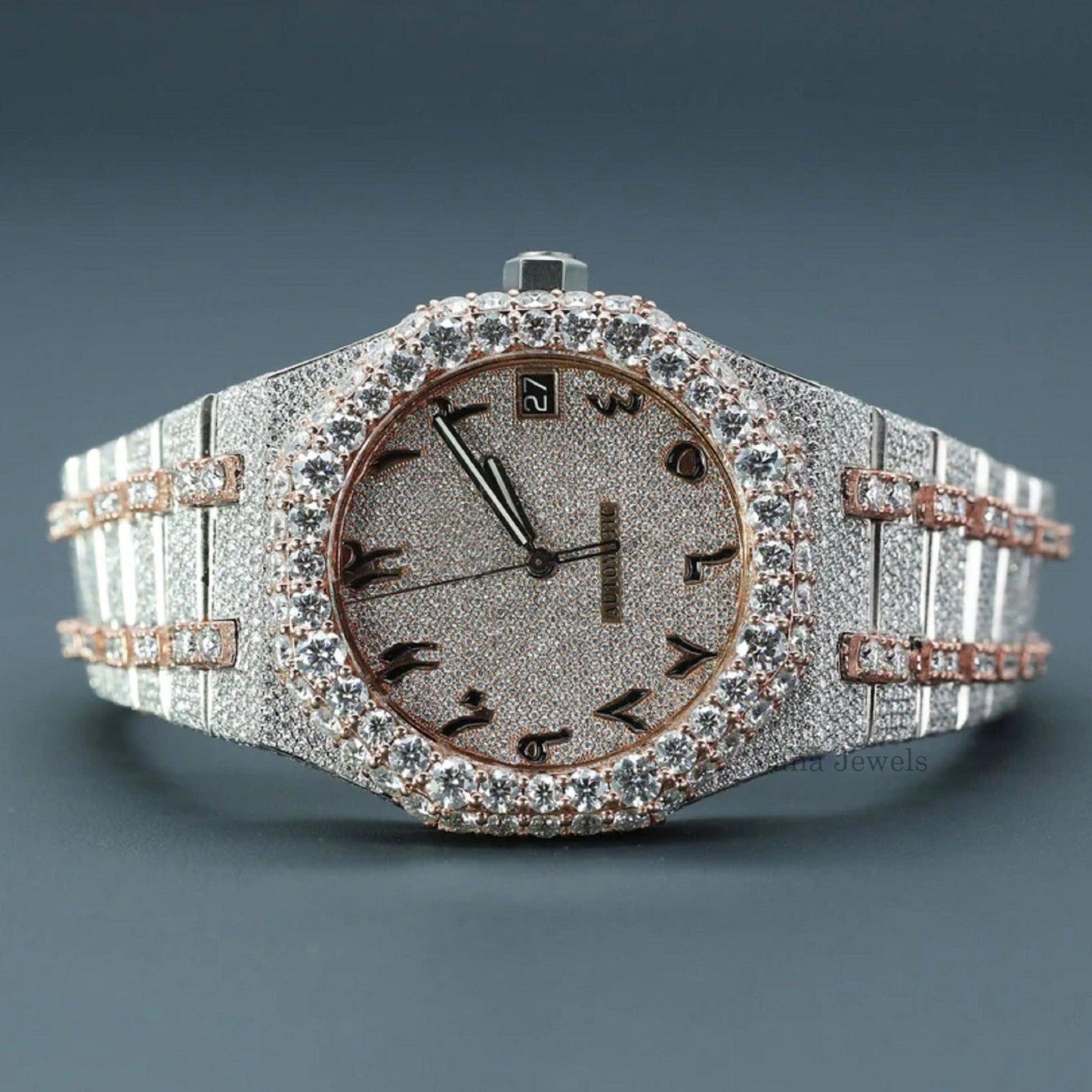 Two-Tone Arabic Dial Fully Iced Out Diamond Automatic Watch - Vana Jewels