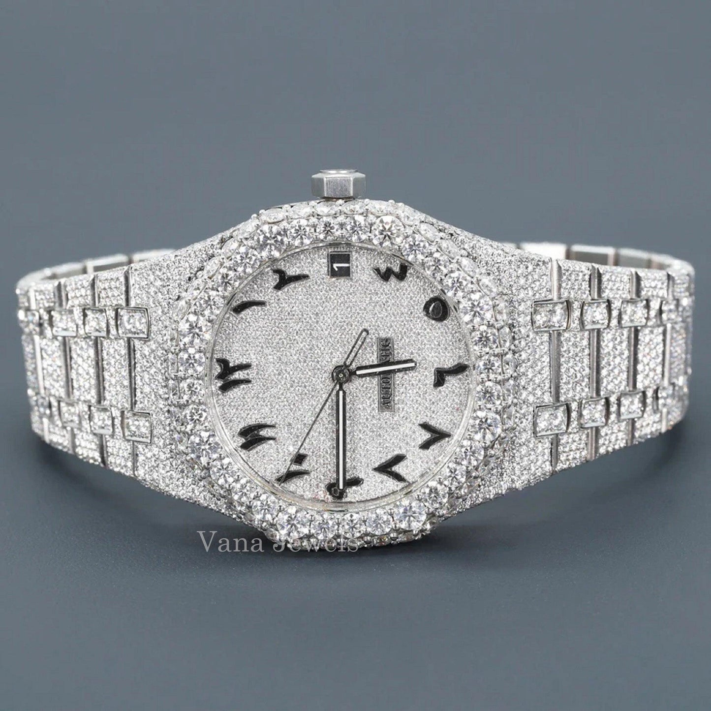 Iced Out Arabic Dial with VVS Moissanite Diamond Watch - Vana Jewels