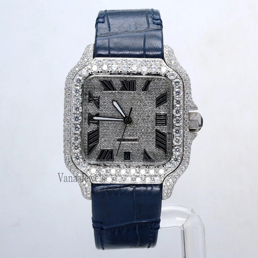 VVS Moissanite Full Ice Out Diamond Studded Blue Leather Belt Hip Hop Watch - Vana Jewels