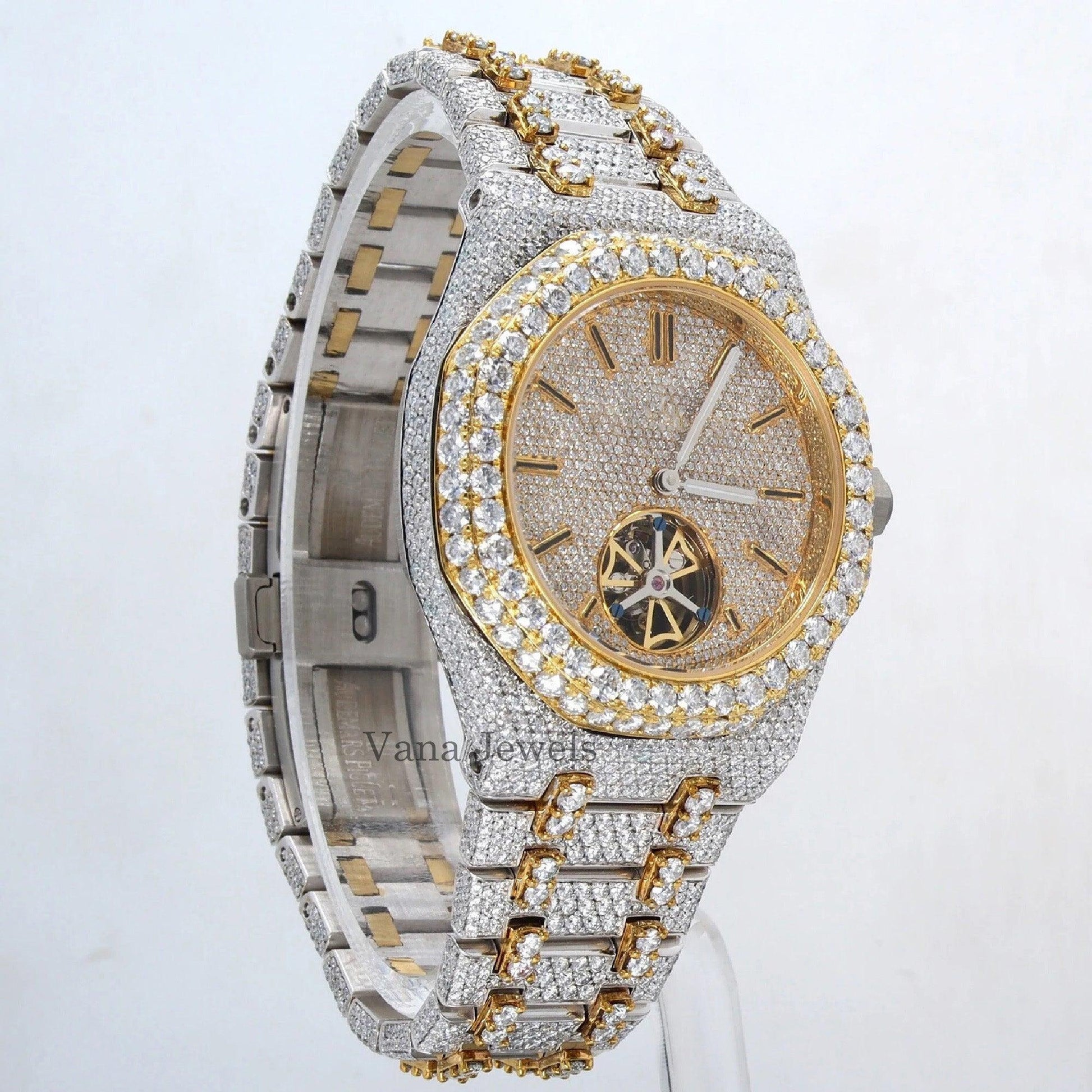 Iced Out Two-Tone Yellow Gold Automatic Diamond Watch - Vana Jewels