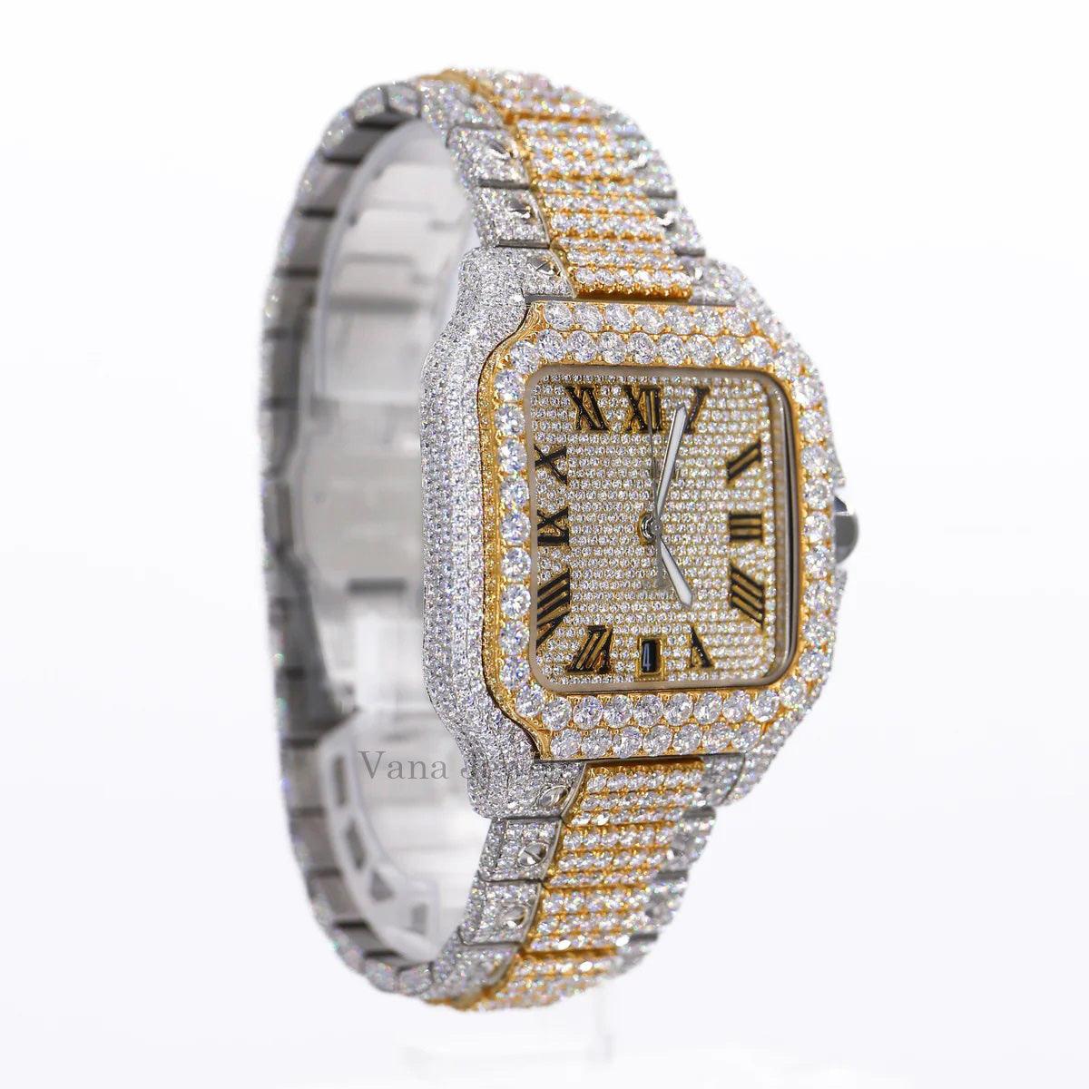 Round Cut Two-Tone Moissanite Fully Iced Out Diamond Watch - Vana Jewels