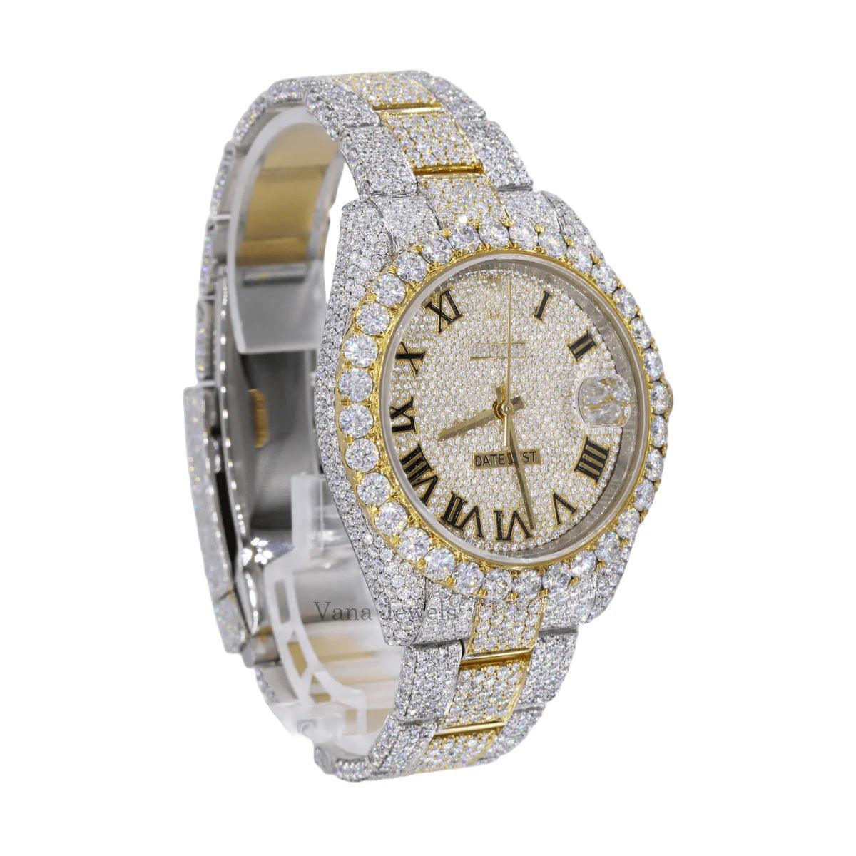 Iced Out Two-Tone Round Cut Diamond Watch - Vana Jewels