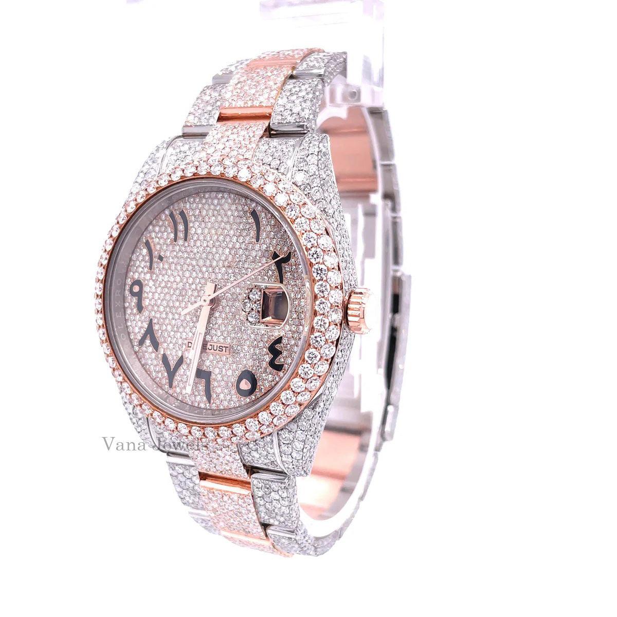 Rose Gold Two-Tone Arabic Dial Full Iced Out Watch - Vana Jewels