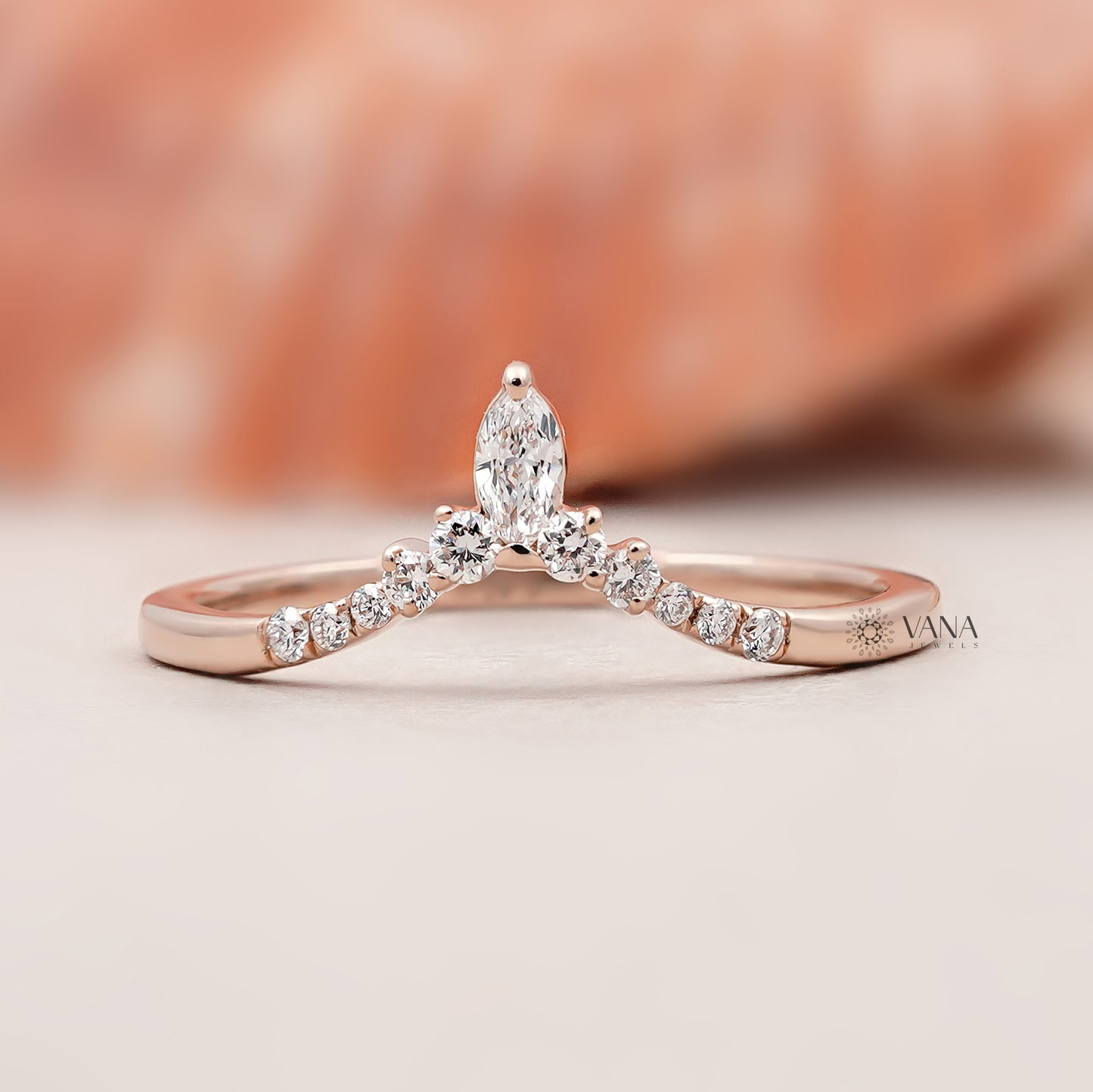 14K Solid Gold Marquise and Round Lab Diamond Tiara Curved Wedding Band