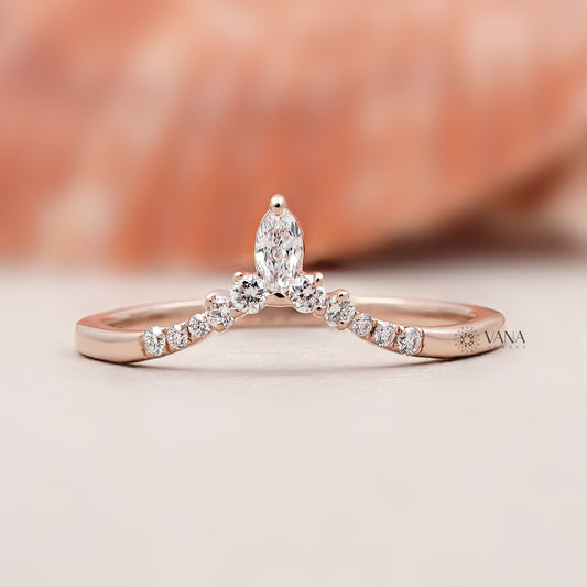 14K Solid Gold Marquise and Round Lab Diamond Tiara Curved Wedding Band