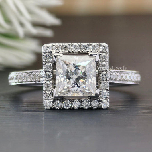 1.24 TCW Princess Cut Moissanite Halo And Pave Engagement Ring - Vana Jewels