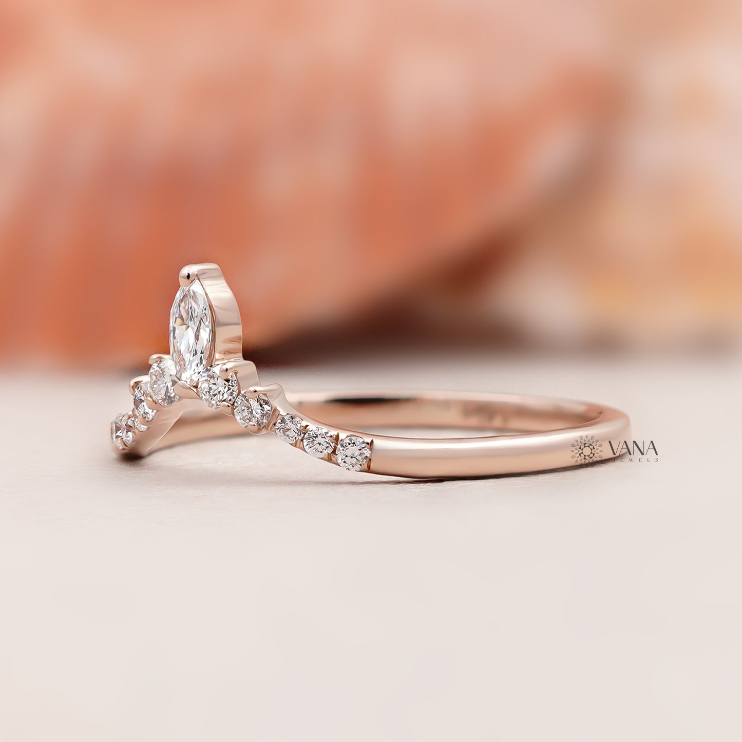 14K Solid Gold Marquise and Round Lab Diamond Tiara Curved Wedding Band