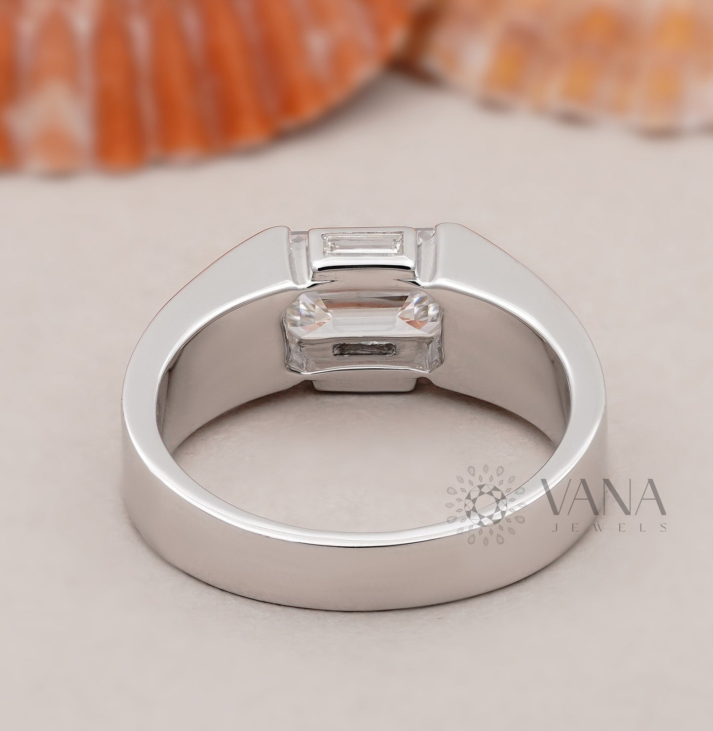 Emerald Cut Lab Grown Diamond Half Bezel Set Engagement Ring with Baguette Side Stones