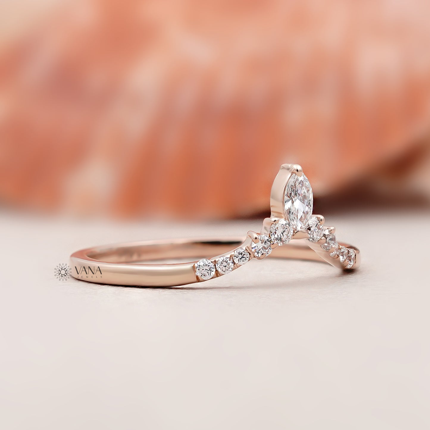 14K Solid Gold Marquise and Round Lab Diamond Tiara Curved Wedding Band