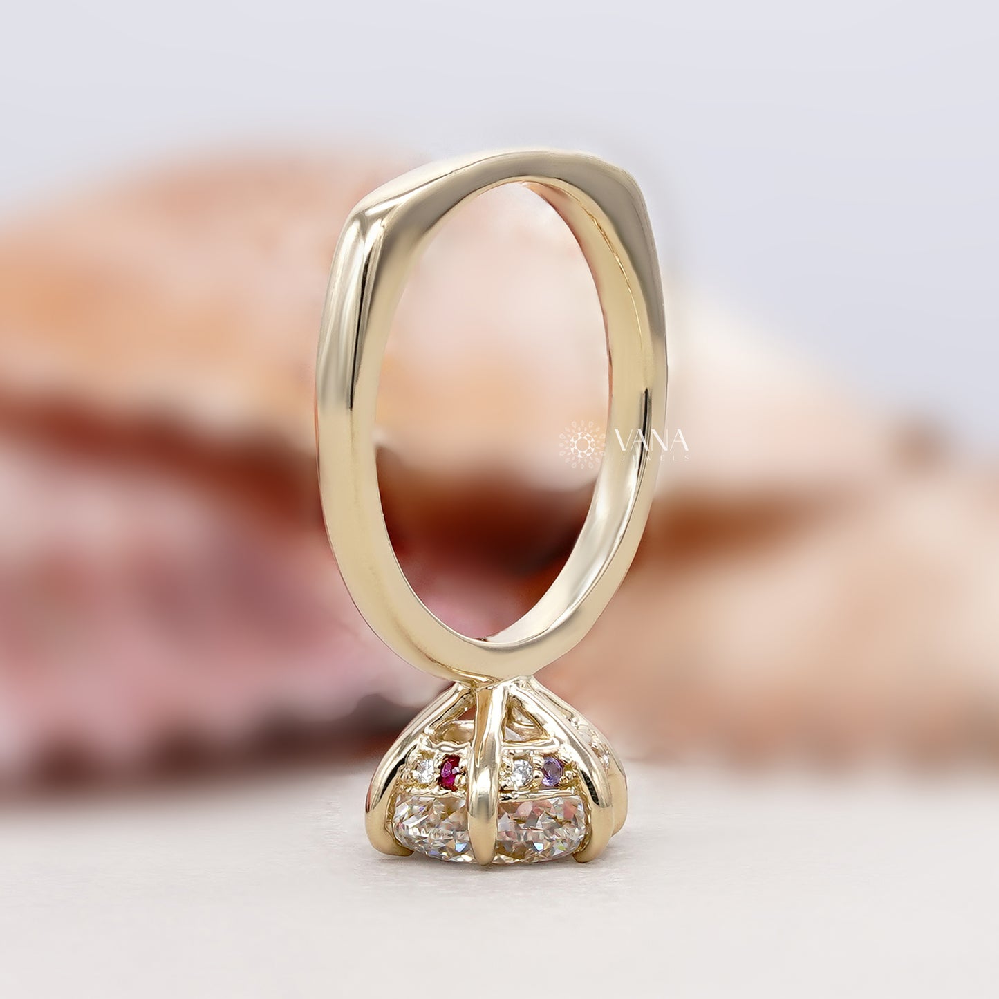 Portuguese Cut Lab Grown Diamond Solitaire Ring, Hidden Halo Engagement Ring