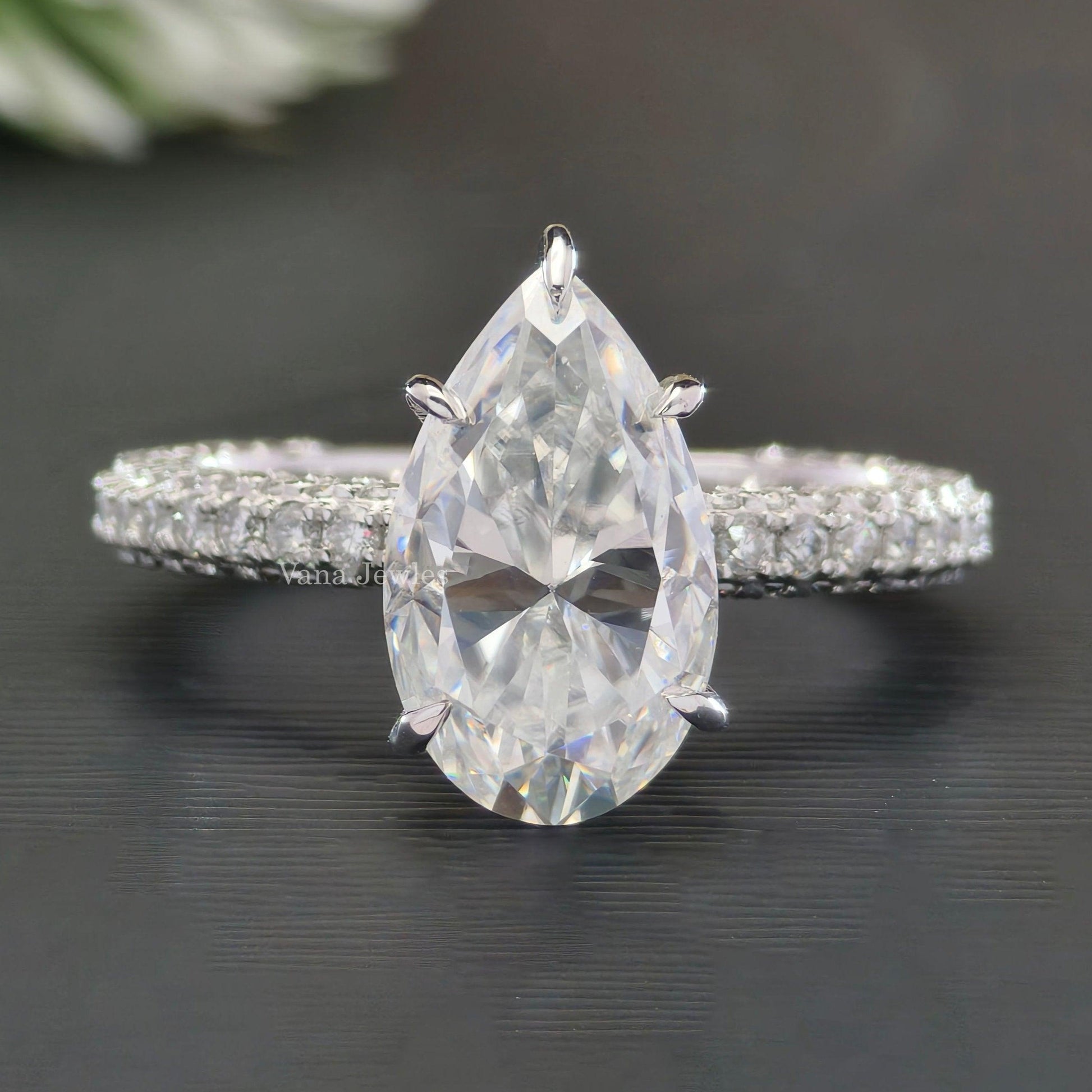 4.24 CT Pear Moissanite Diamond Engagement Ring, Halo Wedding Ring, Three-Sided Pave Band. - Vana Jewels