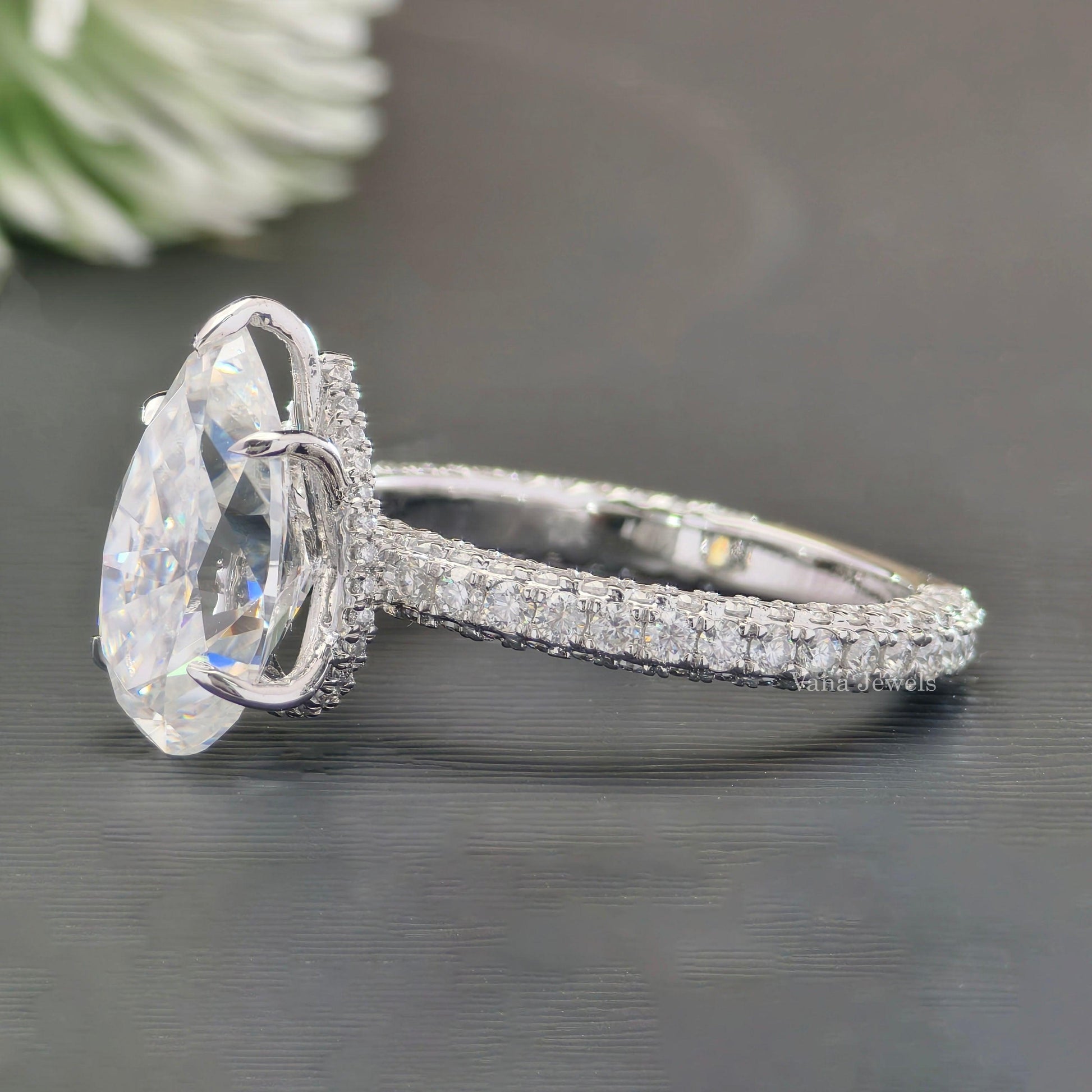 4.24 CT Pear Moissanite Diamond Engagement Ring, Halo Wedding Ring, Three-Sided Pave Band. - Vana Jewels