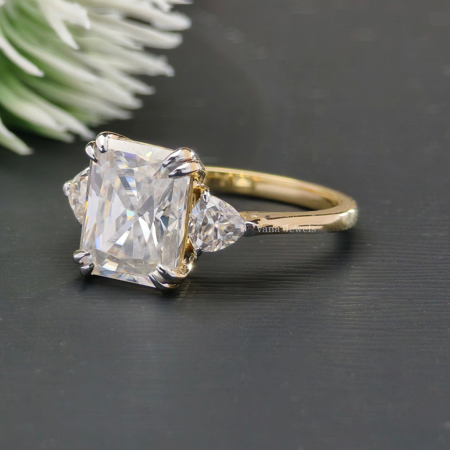 Radiant and Triangle Amazing Moissanite Three Stones Engagement Ring - Vana Jewels